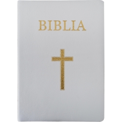 Biblia medie, copertă piele, albă, cu cruce, margini aurii, repertoar, fara fermoar